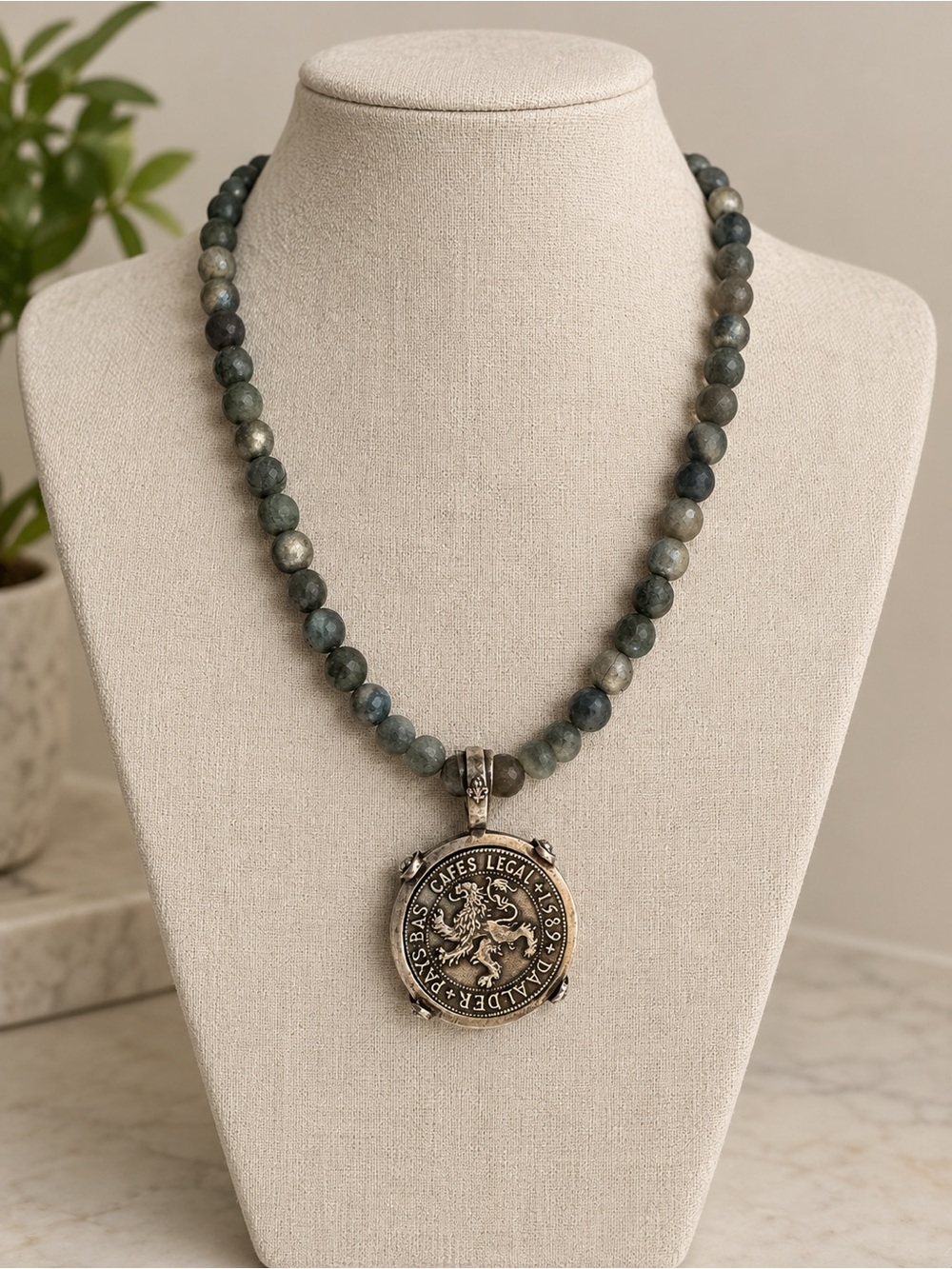 French Kande Beaded Labradorite Pendant Necklace with Silver Coin Medallion